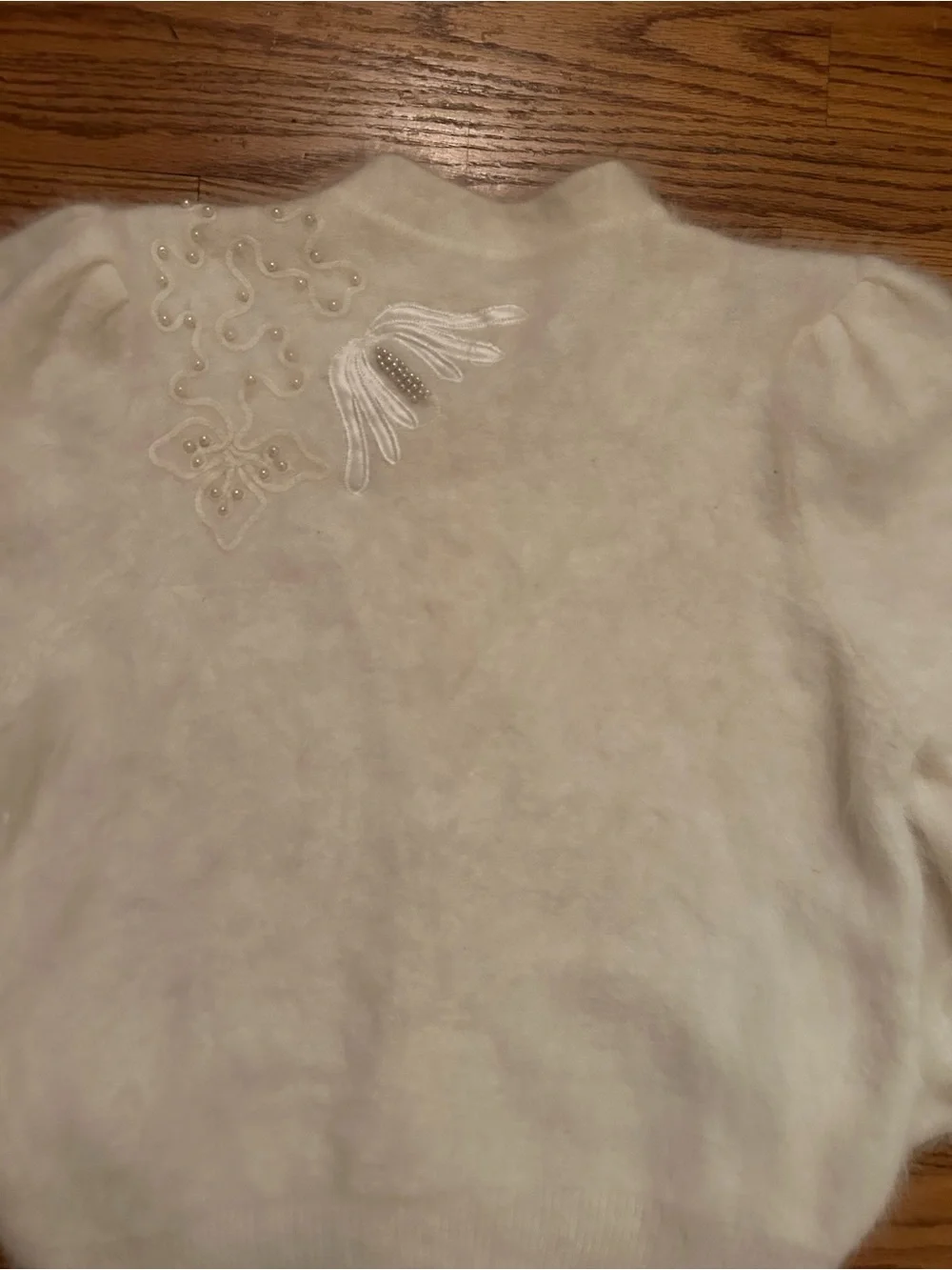 Women’s Soft Cream Beaded Angora Blend Retro Inspired Grandmacore Cardigan